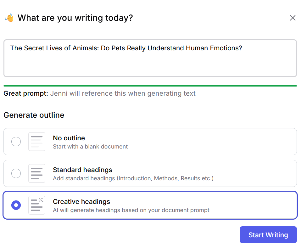 Jenni AI writing prompt