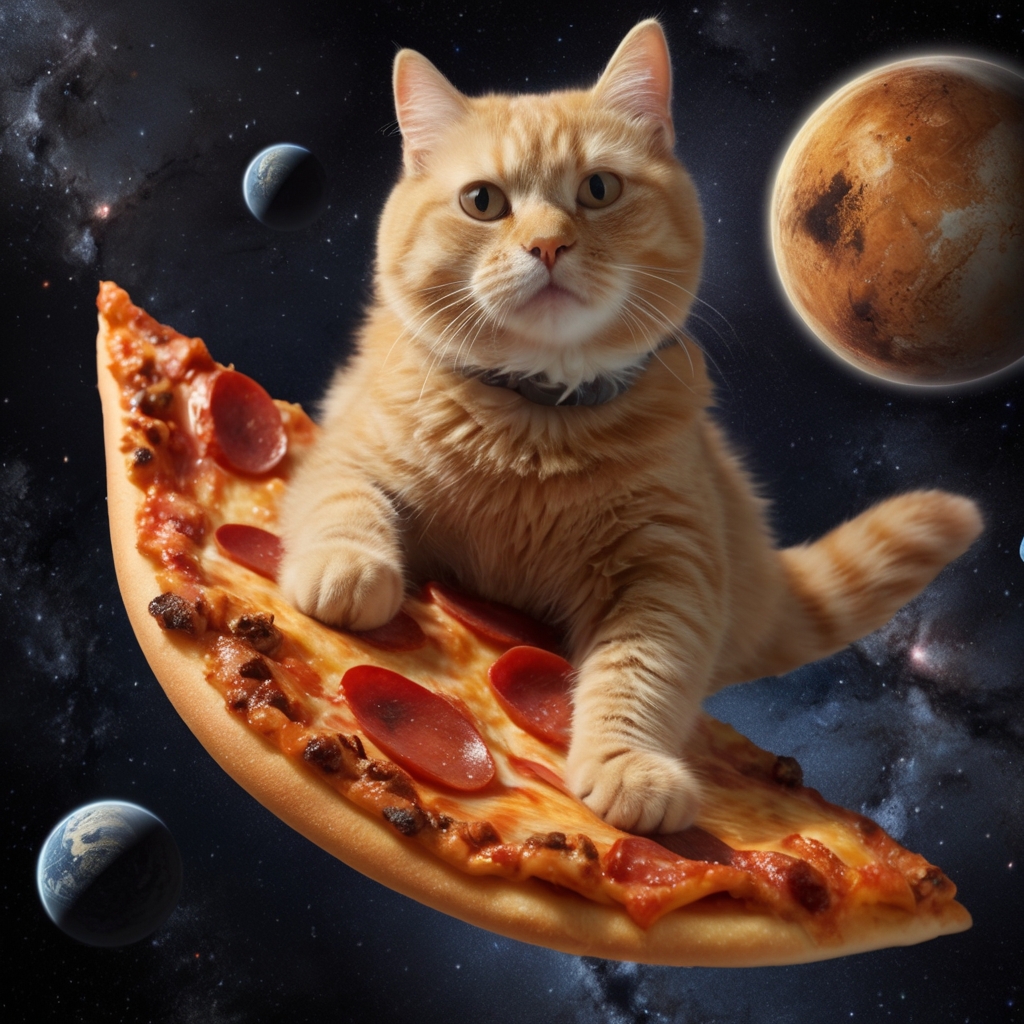 cat surfing on a pizza in space