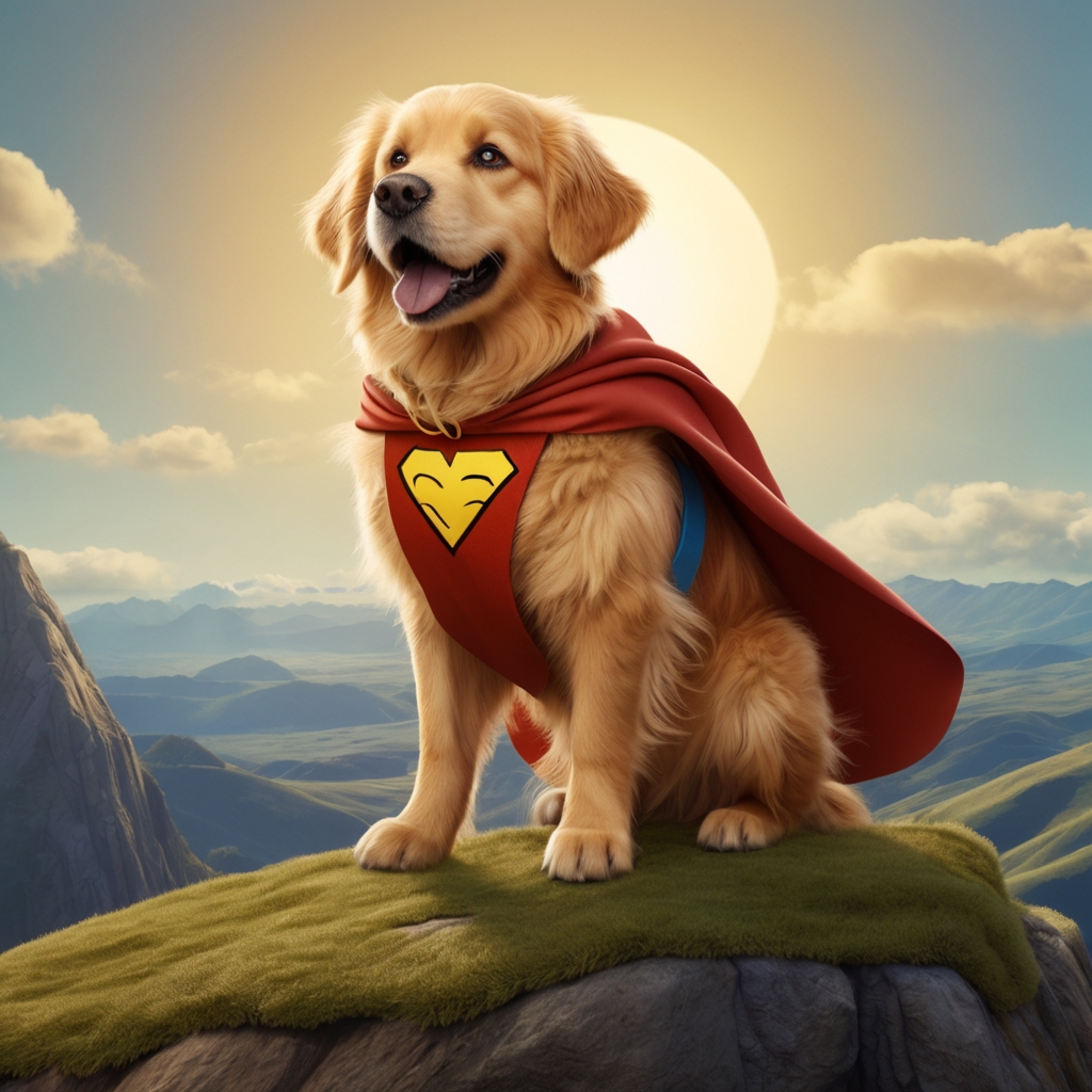 superhero dog sitting on a mountain pixar style