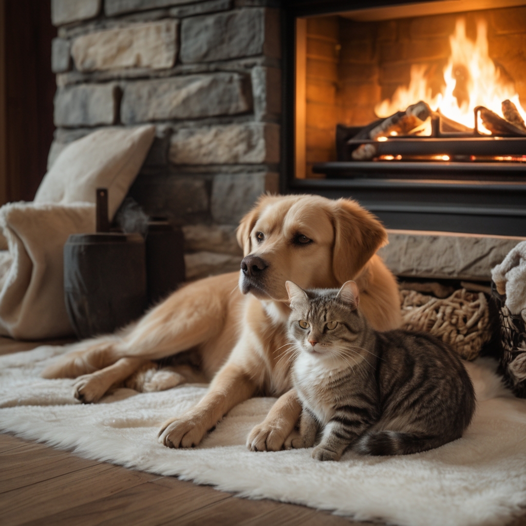 cat and dog sitting by fireplace cat and dog sitting by fireplace
