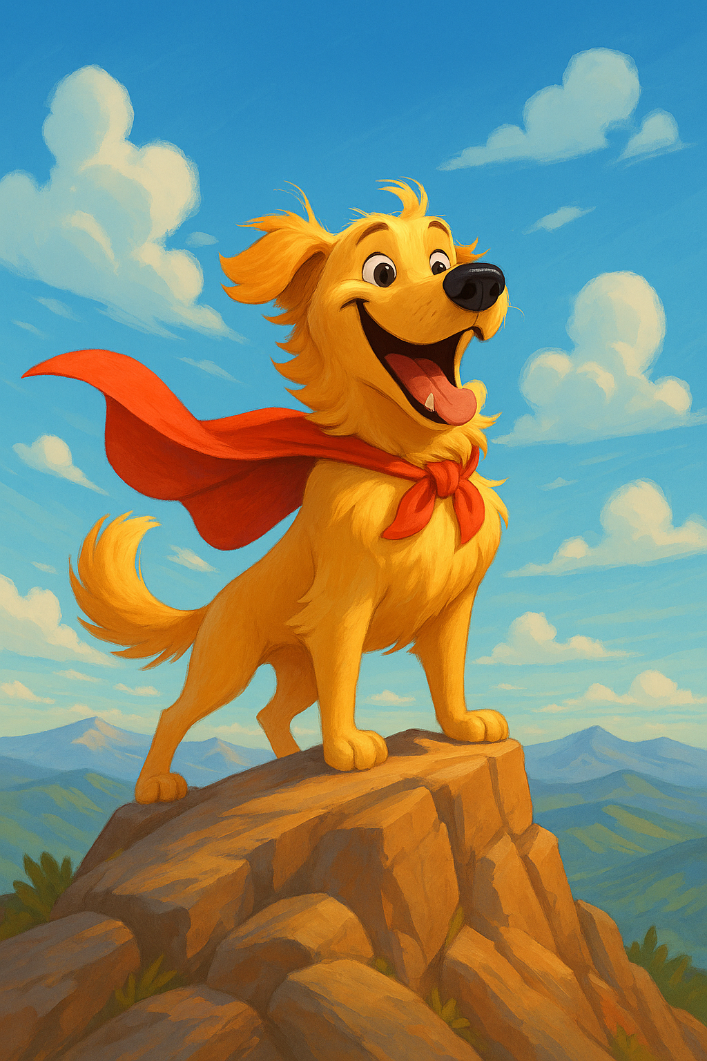 pixar style dog on a mountain with super hero cape