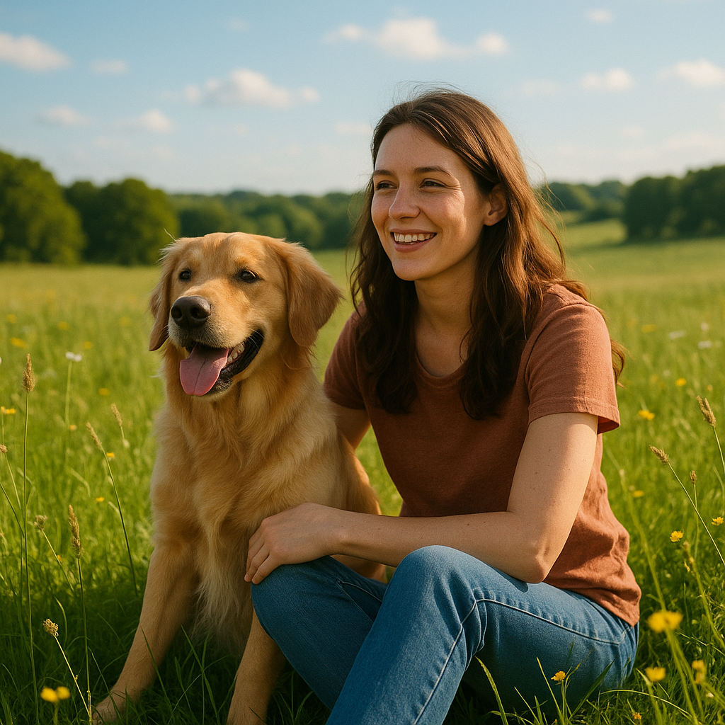 girl with dog in a meadow on a sunny day girl with dog in a meadow on a sunny day