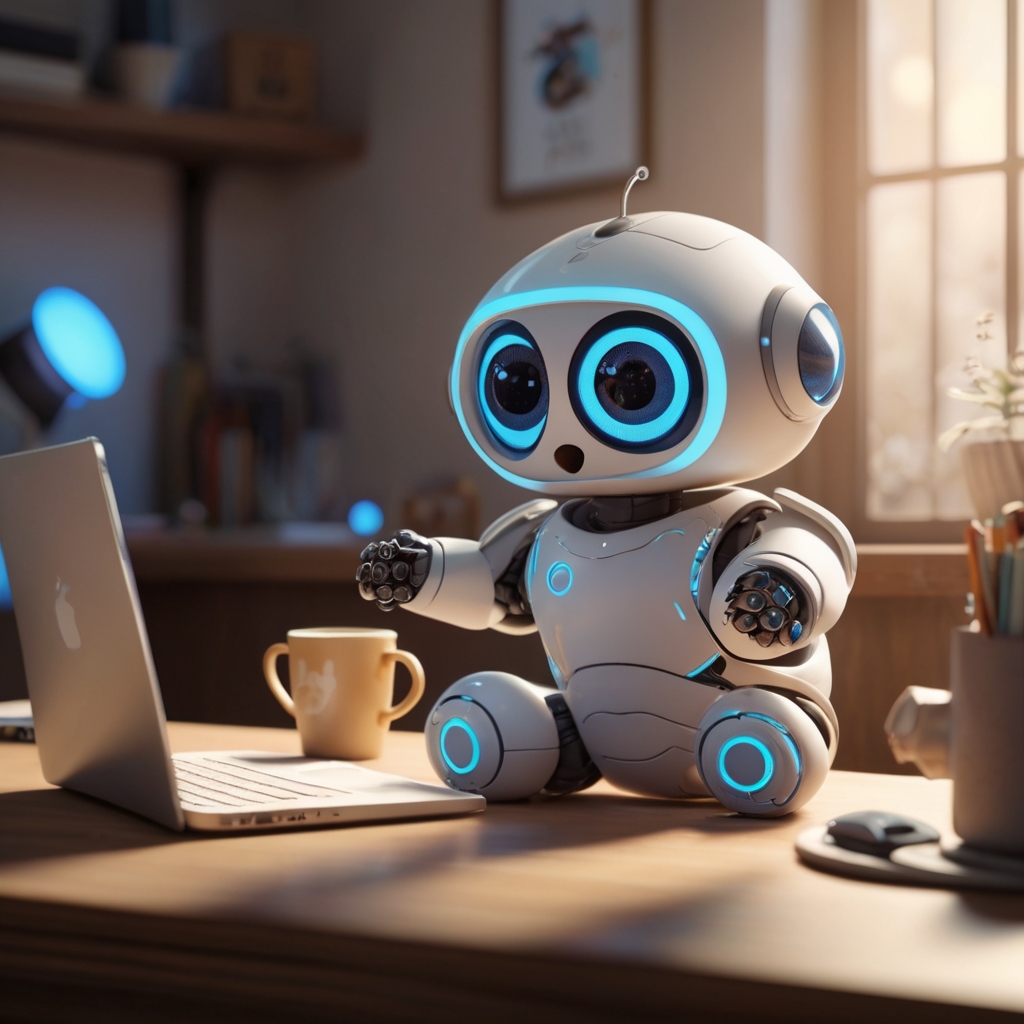 tiny ai robot sitting next to computer tiny ai robot sitting next to computer